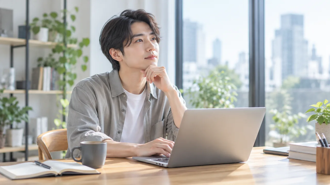 自宅でキャリアを整理する男性